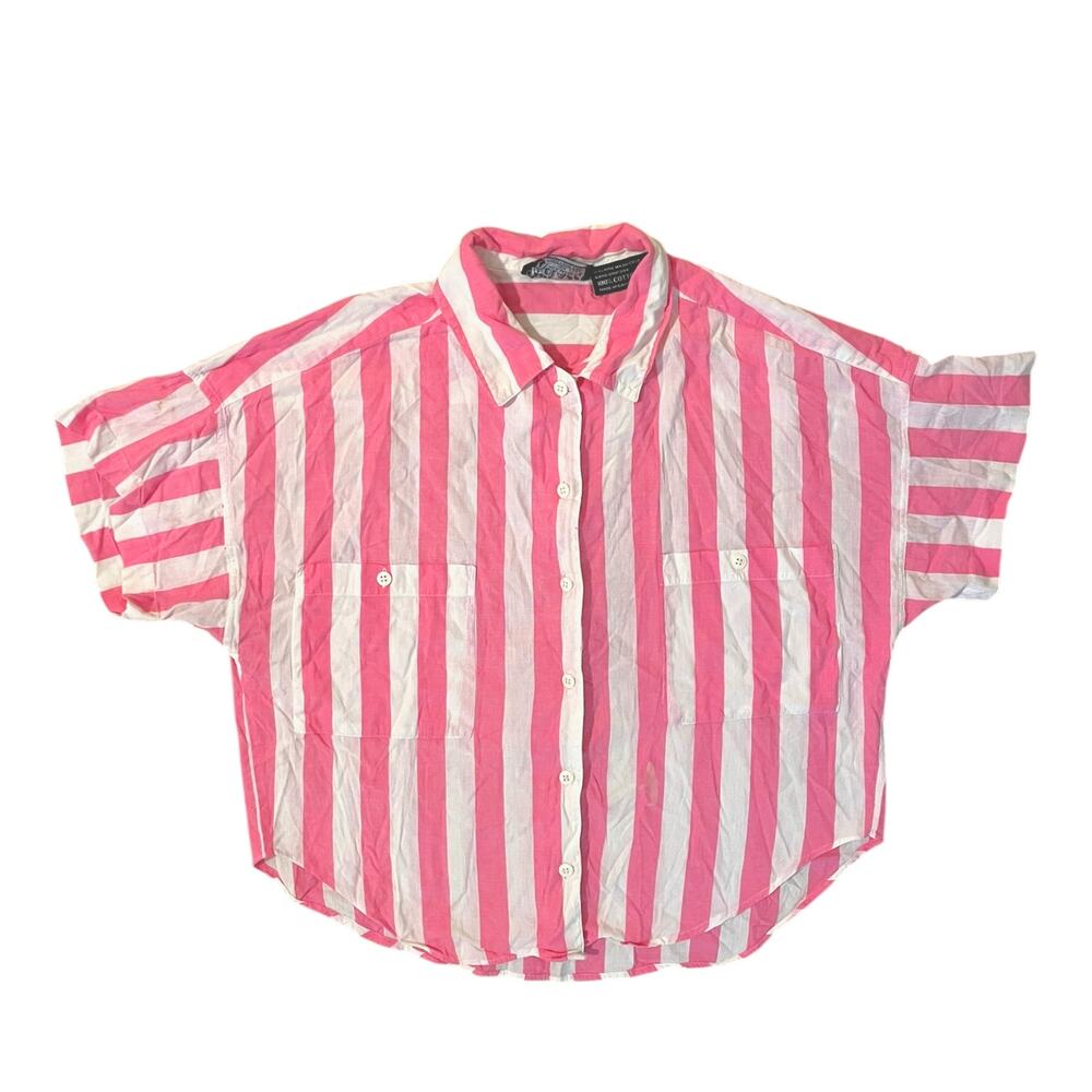 Vintage 80s 90s Pink White Striped Preppy Crop Shirt Sz M Coastal Beachy Cotton